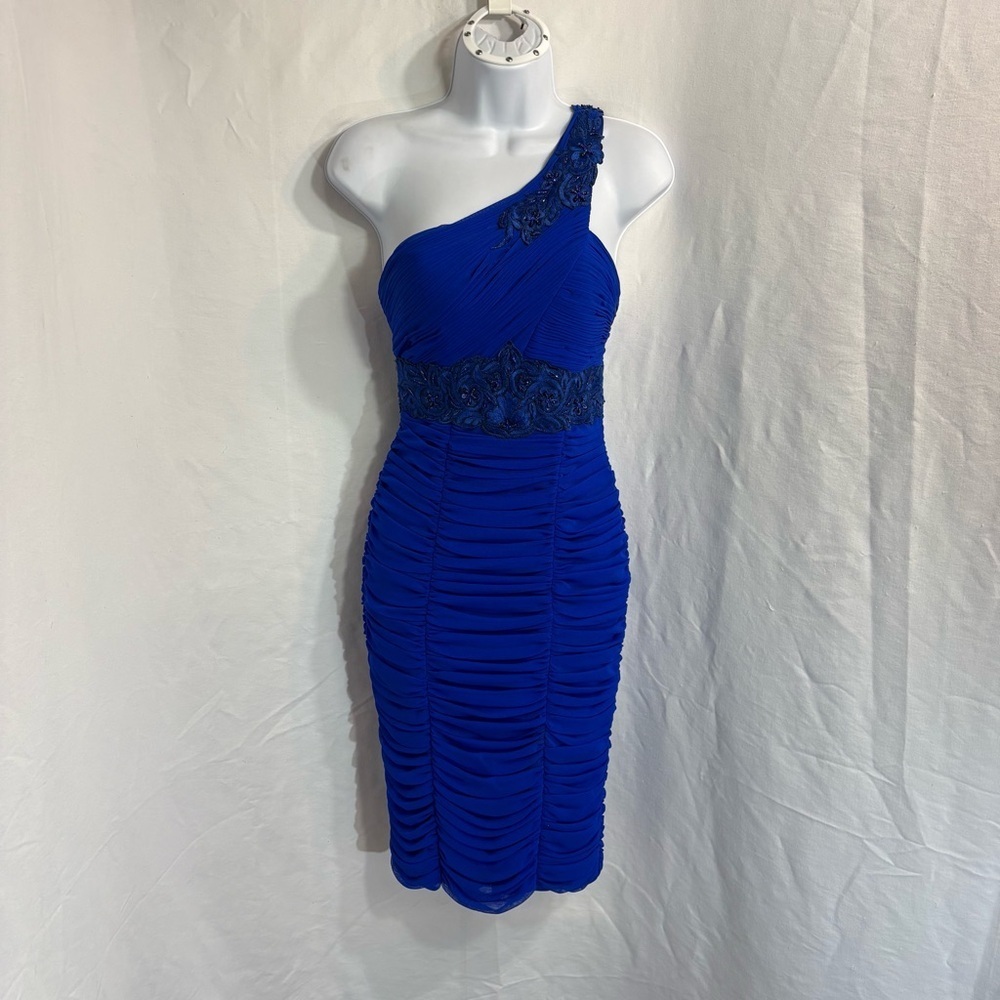 Sue Wong Blue One Shoulder Beaded Cocktail Dress Size 2 Ruched Bodycon - Picture 10 of 12